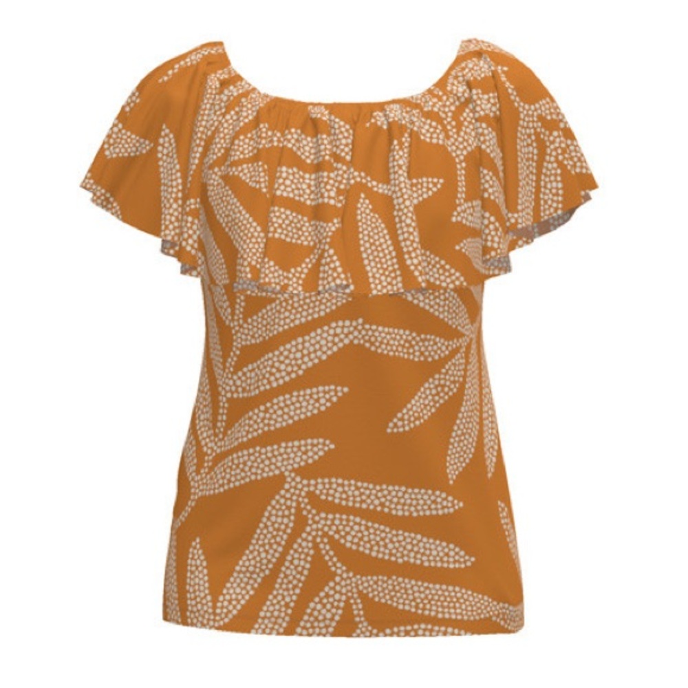 LuLaRoe Alana Mustard Leaf Print Flounce Sleeve Top NWT Medium
